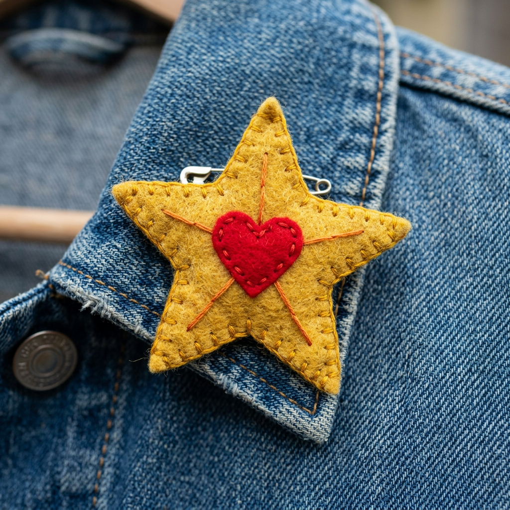 Yellow felt star-shaped brooch with red heart sewn in center pinned on blue denim jacket collar