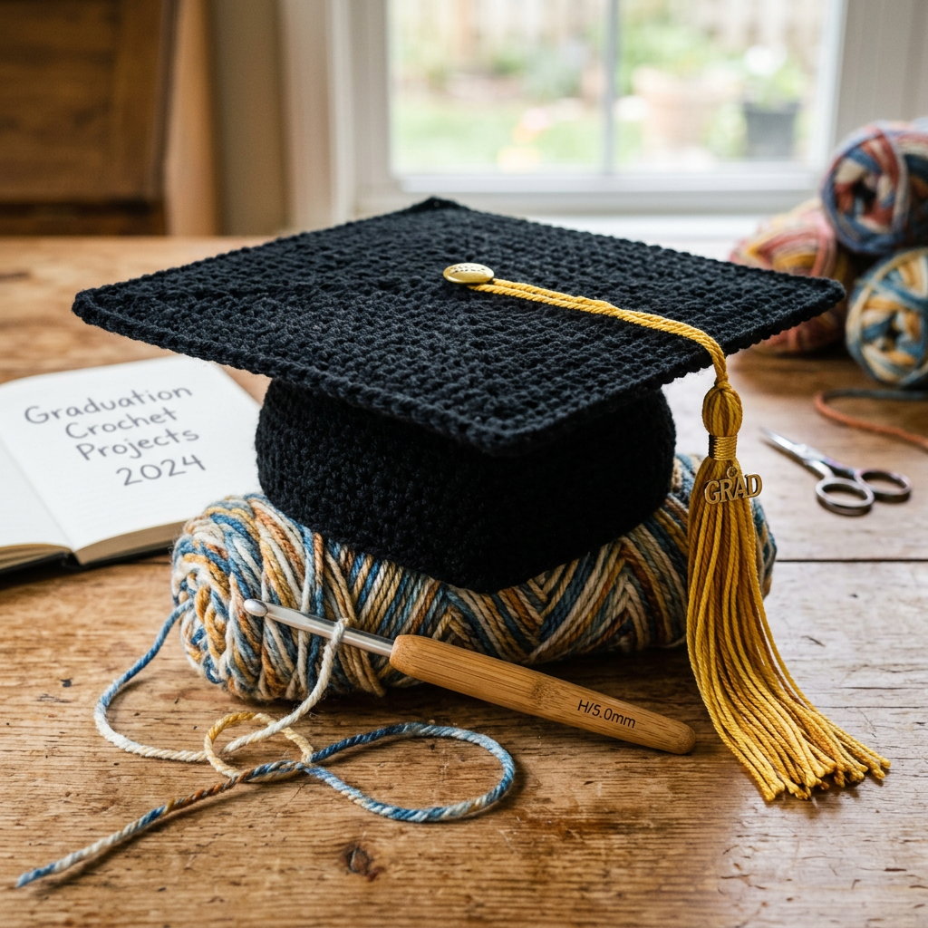 Black crocheted graduation cap with a golden tassel on multicolored yarn with crochet hook